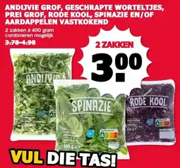 MCD Supermarkt ANDIJVIE GROF, GESCHRAPTE WORTELTJES, PREI GROF, RODE KOOL, SPINAZIE EN/OF AARDAPPELEN VASTKOKEND aanbieding