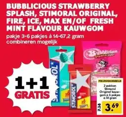 MCD Supermarkt BUBBLICIOUS STRAWBERRY SPLASH, STIMORAL ORIGINAL, FIRE, ICE, MAX EN/OF FRESH MINT FLAVOUR KAUWGOM aanbieding