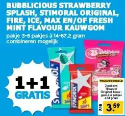 Boon`s Markt BUBBLICIOUS STRAWBERRY SPLASH, STIMORAL ORIGINAL, FIRE, ICE, MAX EN/OF FRESH MINT FLAVOUR KAUWGOM aanbieding