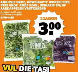 CoopCompact ANDIJVIE GROF, GESCHRAPTE WORTELTJES, PREI GROF, RODE KOOL, SPINAZIE EN/OF AARDAPPELEN VASTKOKEND aanbieding