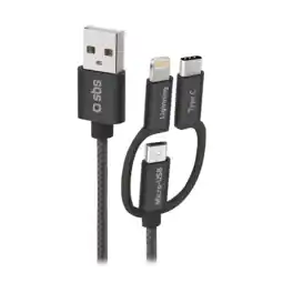 MediaMarkt Sbs Mobile Cable Usb-a To Micro Usb/usb-c/lightning 3in1 Braided 1.2m Black Kabel 12 M Zwart aanbieding