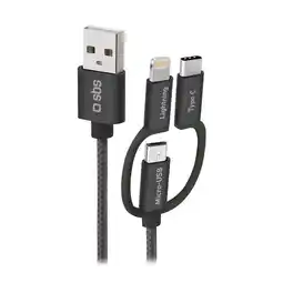 MediaMarkt Sbs Mobile Cable Usb-a To Micro Usb/usb-c/lightning 3in1 Braided 1.2m Black Kabel 12 M Zwart aanbieding