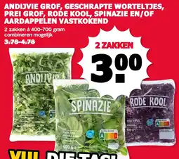 De Boerenschuur Andijvie Grof, Geschrapte Worteltjes, Prei Grof, Rode Kool, Spinazie En/Of Aardappelen Vastkokend aanbieding