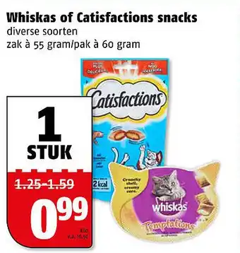 Poiesz Whiskas of Catisfactions snacks 60g aanbieding