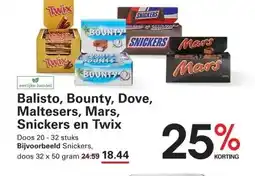 Sligro Balisto, Bounty, Dove, Maltesers, Mars, Snickers en Twix aanbieding