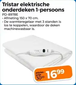 Trekpleister Tristar elektrische onderdeken 1-persoons PD-8978E aanbieding