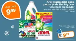 Trekpleister Ariel wasmiddel pods, pods+, pods The Big One, vloeibaar en poeder aanbieding