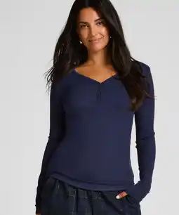 Hunkemoller Hunkemöller Pyjamatop met lange mouwen Henley Blauw aanbieding