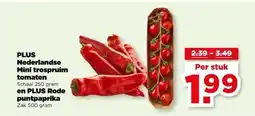 PLUS Nederlandse Mini trospruim tomaten Schaal 250 gram en PLUS Rode puntpaprika Zak 500 gram aanbieding