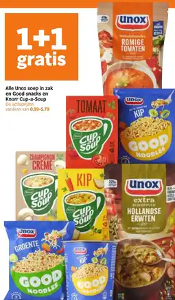 Albert Heijn Alle unox soep in zak en good snacks en knorr cup a soup aanbieding