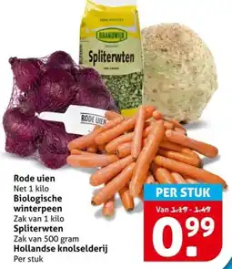 Hoogvliet Rode uien, Biologische winterpeen, Spliterwten aanbieding
