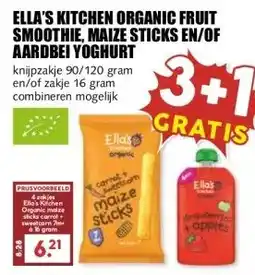 MCD Supermarkt ELLA'S KITCHEN ORGANIC FRUIT SMOOTHIE, MAIZE STICKS EN/OF AARDBEI YOGHURT aanbieding