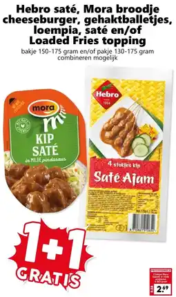 CoopCompact Hebro saté, Mora broodje cheeseburger, gehaktballetjes, loempia, saté en/of Loaded Fries topping aanbieding