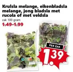 Coop Krulsla melange, eikenbladsla melange, jong bladsla met rucola of met veldsla aanbieding