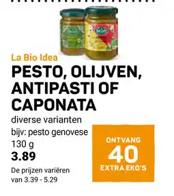 Ekoplaza La bio idea pesto, olijven, antipasti of caponata aanbieding