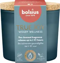 Intratuin Bolsius geurkaars True Joy Woody Wellness blauw 21 uur D 6,6 H 8,3 cm aanbieding
