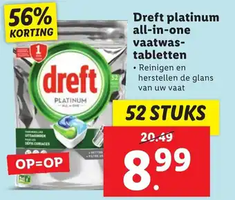 Lidl Dreft platinum all-in-one vaatwas- tabletten aanbieding