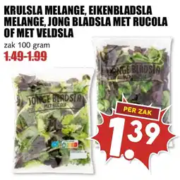De Boerenschuur Krulsla melange, eikenbladsla melange, jong bladsla met rucola of met veldsla aanbieding