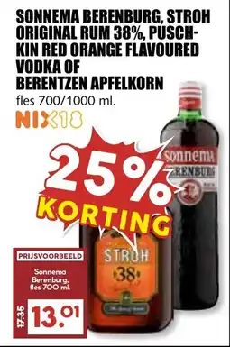 De Boerenschuur Sonnema berenburg, stroh original rum 38%, puschkin red orange flavoured vodka of berentzen apfelkorn aanbieding