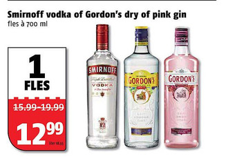 Poiesz Smirnoff vodka of gordon's dry of pink gin 700 ml aanbieding