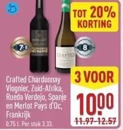 ALDI Crafted Chardonnay Viognier, Zuid-Afrika, Rueda Verdejo, Spanje en Merlot Pays d'Oc, Frankrijk aanbieding