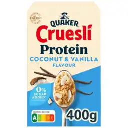 Albert Heijn Quaker Cruesli protein coconut & vanilla smaak aanbieding