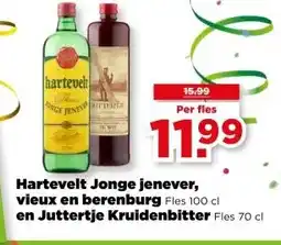 PLUS Hartevelt Jonge jenever, vieux en berenburg Fles 100 cl en Juttertje Kruidenbitter Fles 70 cl aanbieding