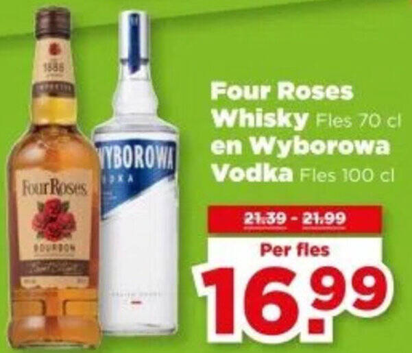Four Roses Whisky en Wyborowa Vodka 70 cl / 100 cl aanbieding bij PLUS