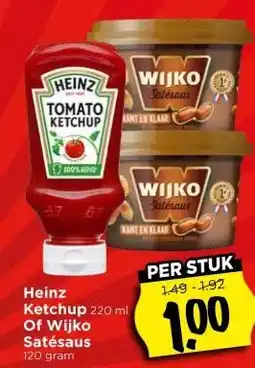 Vomar Voordeelmarkt Heinz Ketchup 220 ml Of Wijko Satésaus aanbieding
