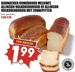 MCD Supermarkt BOONACKER RONDBROOD MELKWIT, ALLINSON VOLKORENBROOD OF ALLINSON VOLKORENBROOD MET ZONNEPITTEN aanbieding
