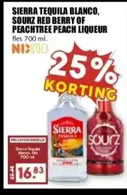 MCD Supermarkt SIERRA TEQUILA BLANCO, SOURZ RED BERRY OF PEACHTREE PEACH LIQUEUR aanbieding