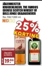 MCD Supermarkt JÄGERMEISTER KRUIDENLIKEUR, THE FAMOUS GROUSE SCOTCH WHISKY OF BOLS JONGE GRAANJENEVER aanbieding