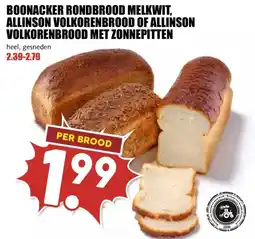 MCD Supermarkt BOONACKER RONDBROOD MELKWIT, ALLINSON VOLKORENBROOD OF ALLINSON VOLKORENBROOD MET ZONNEPITTEN aanbieding