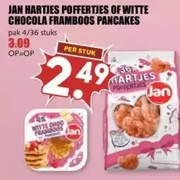 MCD Supermarkt JAN HARTJES POFFERTJES OF WITTE CHOCOLA FRAMBOOS PANCAKES aanbieding