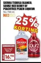 MCD Supermarkt SIERRA TEQUILA BLANCO, SOURZ RED BERRY OF PEACHTREE PEACH LIQUEUR aanbieding