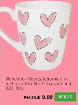 Intratuin Blond mok Hearts. Keramiek, wit met roze, 10 x 14 x 11,5 cm, inhoud 0,35 liter. aanbieding