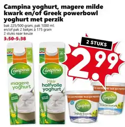 Coop Campina yoghurt, magere milde kwark en/of Greek powerbowl yoghurt met perzik aanbieding