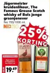 Coop Jägermeister kruidenlikeur, The Famous Grouse Scotch whisky of Bols jonge graanjenever aanbieding
