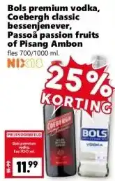 Coop Bols premium vodka, Coebergh classic bessenjenever, Passoã passion fruits of Pisang Ambon aanbieding