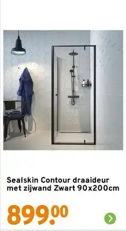 GAMMA Sealskin Contour draaideur met zijwand Zwart 90x200cm aanbieding