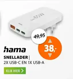 Expert Hama Snellader 2x USB-C 1x USB-A platte mini-oplader PD 65 W Wit aanbieding