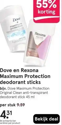 Etos Dove en Rexona Maximum Protection deodorant sticks aanbieding