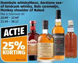 Poiesz Drambuie whiskylikeur, Aerstone sea- of landcask whisky, Bols corenwijn, Monkey shoulder of Naked aanbieding