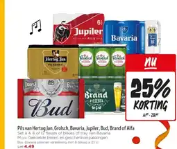 Jumbo Pils van Hertog Jan, Grolsch, Bavaria, Jupiler, Bud, Brand of Alfa Set à 4, 6 of 12 flesjes of blikjes of tray van Bavaria aanbieding