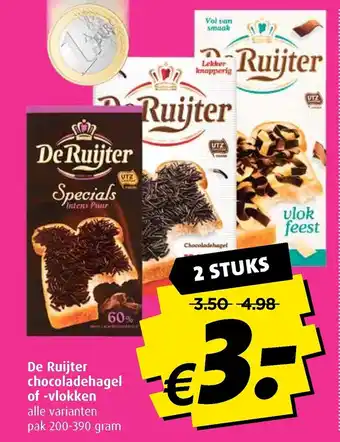 Boni De Ruijter chocoladehagel of -vlokken 200-390 gram aanbieding