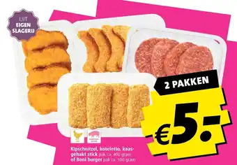 Boni Kipschnitzel, koteletto, kaas- gehakt stick of Boni burger aanbieding