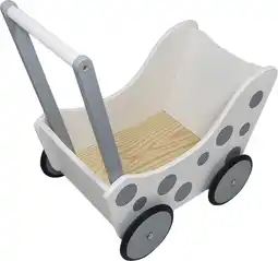 Bol.com Playwood - Houten Poppenwagen wit zilver met stippen en zwart rubber aanbieding
