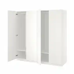 IKEA Witte pax kledingkast met beide deuren open, met lege planken en soft-close scharnieren aanbieding
