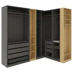 IKEA Pax Hoekkledingkast, donkergrijs donkergrijs/eikenpatroon, 245/180x236 cm aanbieding