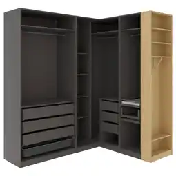 IKEA Pax Hoekkledingkast, donkergrijs donkergrijs/eikenpatroon, 210/180x236 cm aanbieding